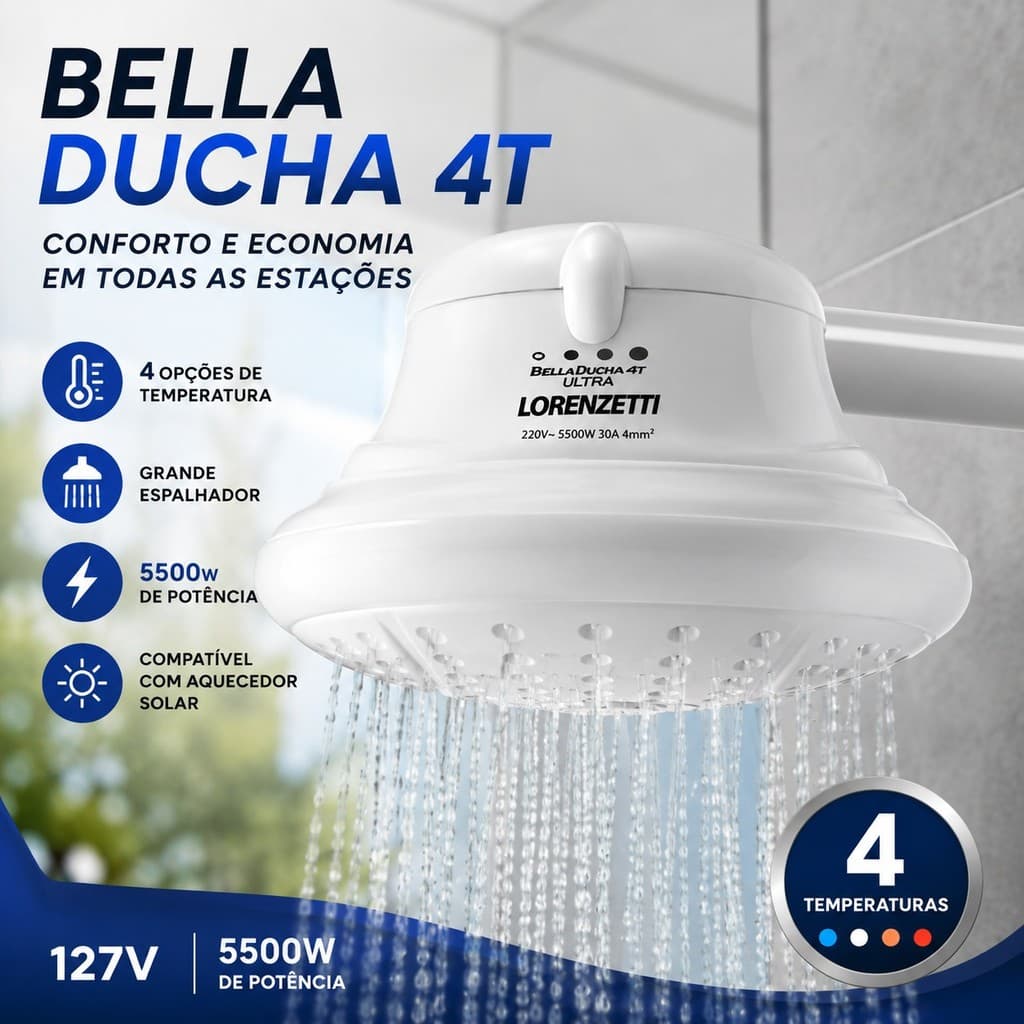 Chuveiro Lorenzetti Bella Ducha 4T 127V 5500W Branco 4 Temperaturas Conforto e Economia