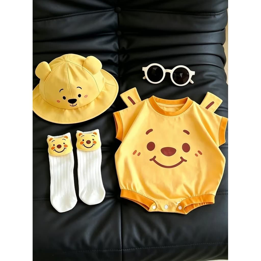 Moda menino bebê triângulo saco peido roupas amarelo urso forma Outing roupas macacão algodão macio foto roupas