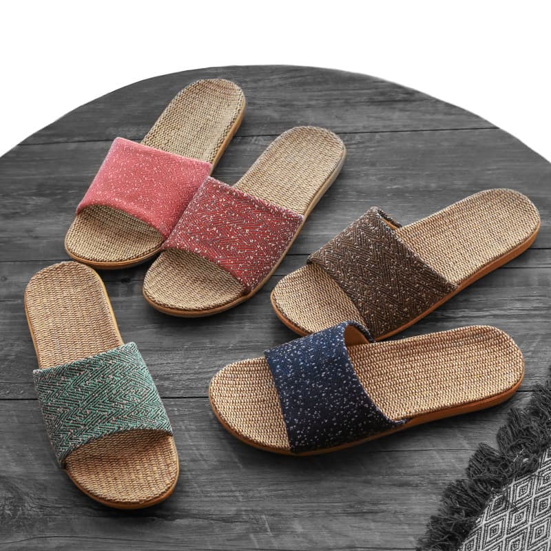 Quatro estações chinelos de linho feminino verão casa interior casal sola grossa antiderrapante artesanal piso de madeir