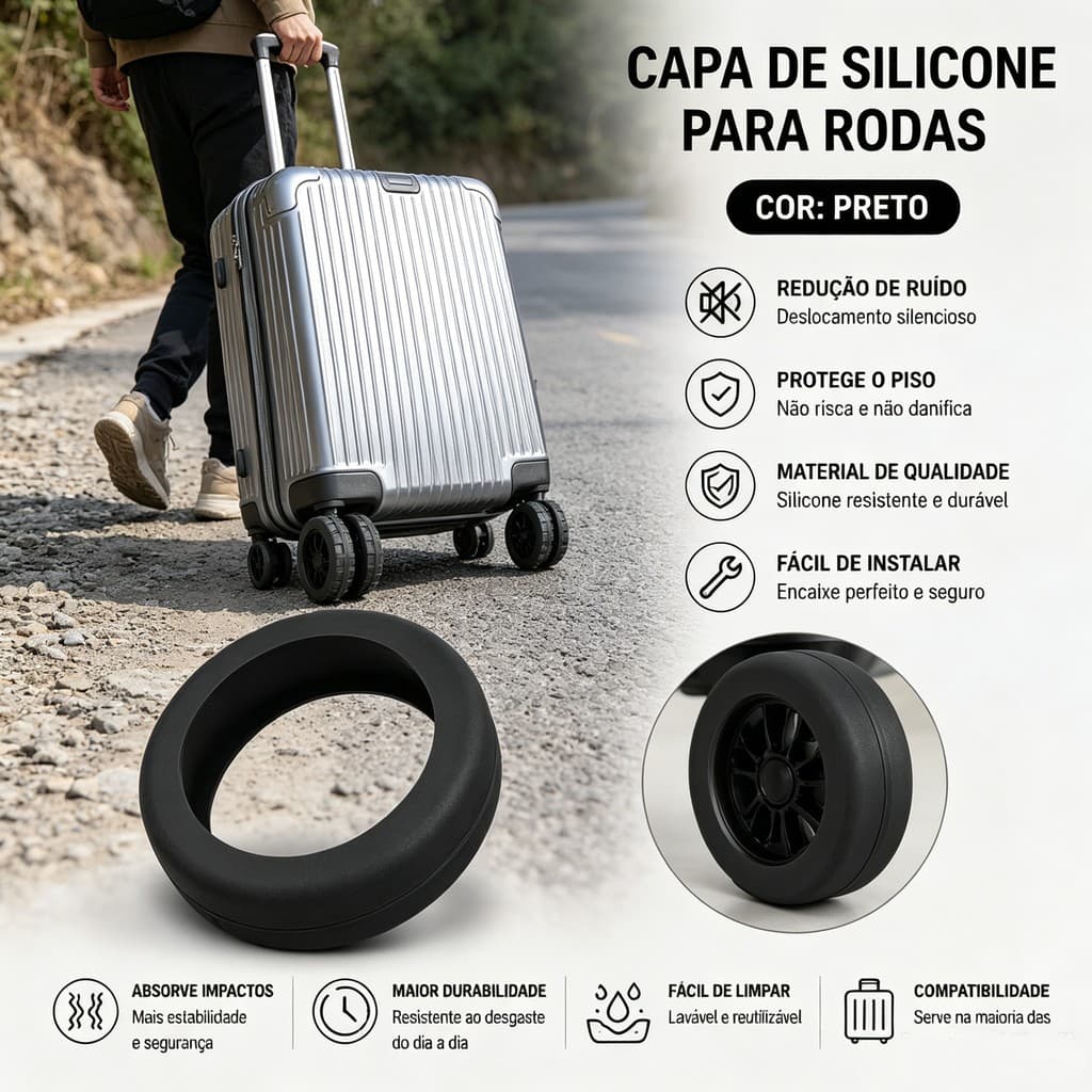KIT 8 Protetor Silicone Para Rodas De Mala Universal Anti Desgaste Anti Ruído Manga Rodízio Viagem Pronta Entrega