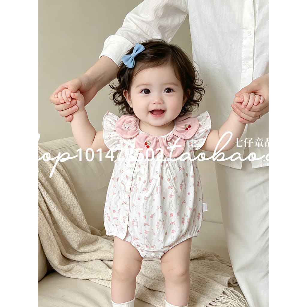 Estilo coreano ins estilo bebê macacão estilo ocidental bebê menina pétala colarinho bordado Super bonito manga voadora