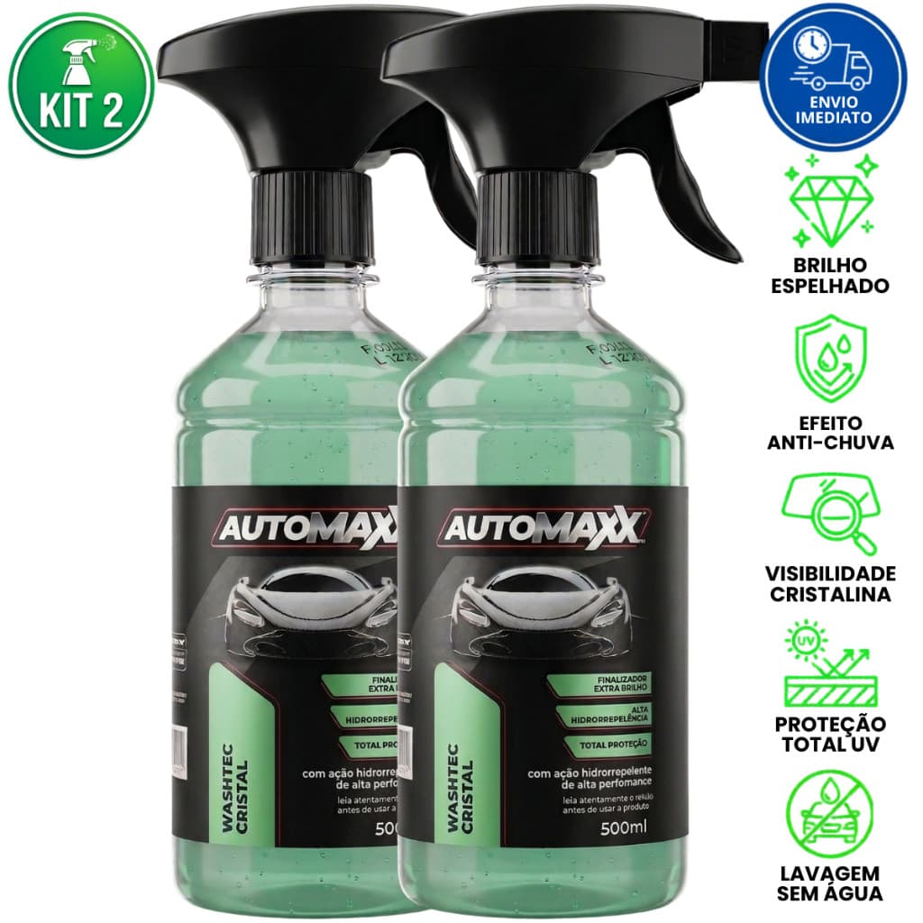 Kit 2 Spray Lavagem a Seco Brilho Alto Finalizador com Silicone Repelente Água Lataria e Vidros Automax Washtec Cristal