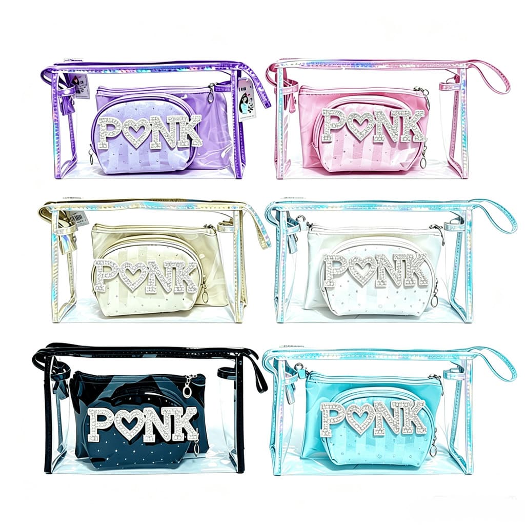 Kit 3 Necessaires Transparentes Rosa com Strass Bolsa Organizadora de Cosméticos Portátil Viagem