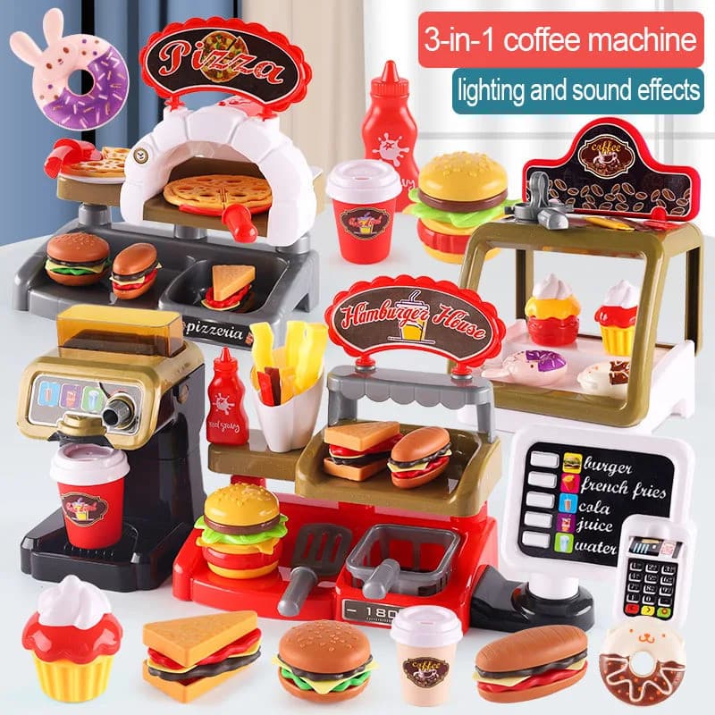 Conjunto de Brinquedos Educativos para Crianças: Casa de Brincar, Cozinha, Restaurante de Fast Food, Hambúrguer, Batatas