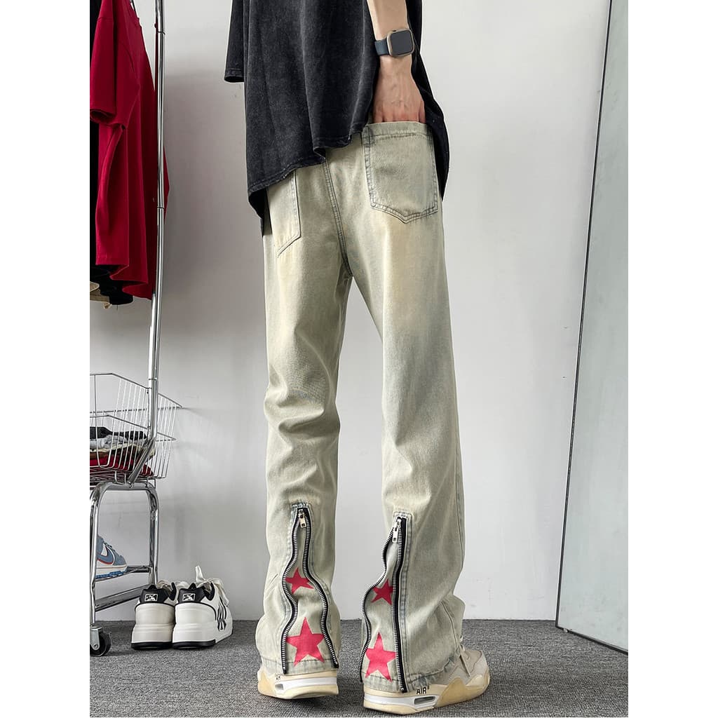 Calças de brim desgastadas masculinas outono estilo americano vibe High Street soltas calças de perna reta Design lavado