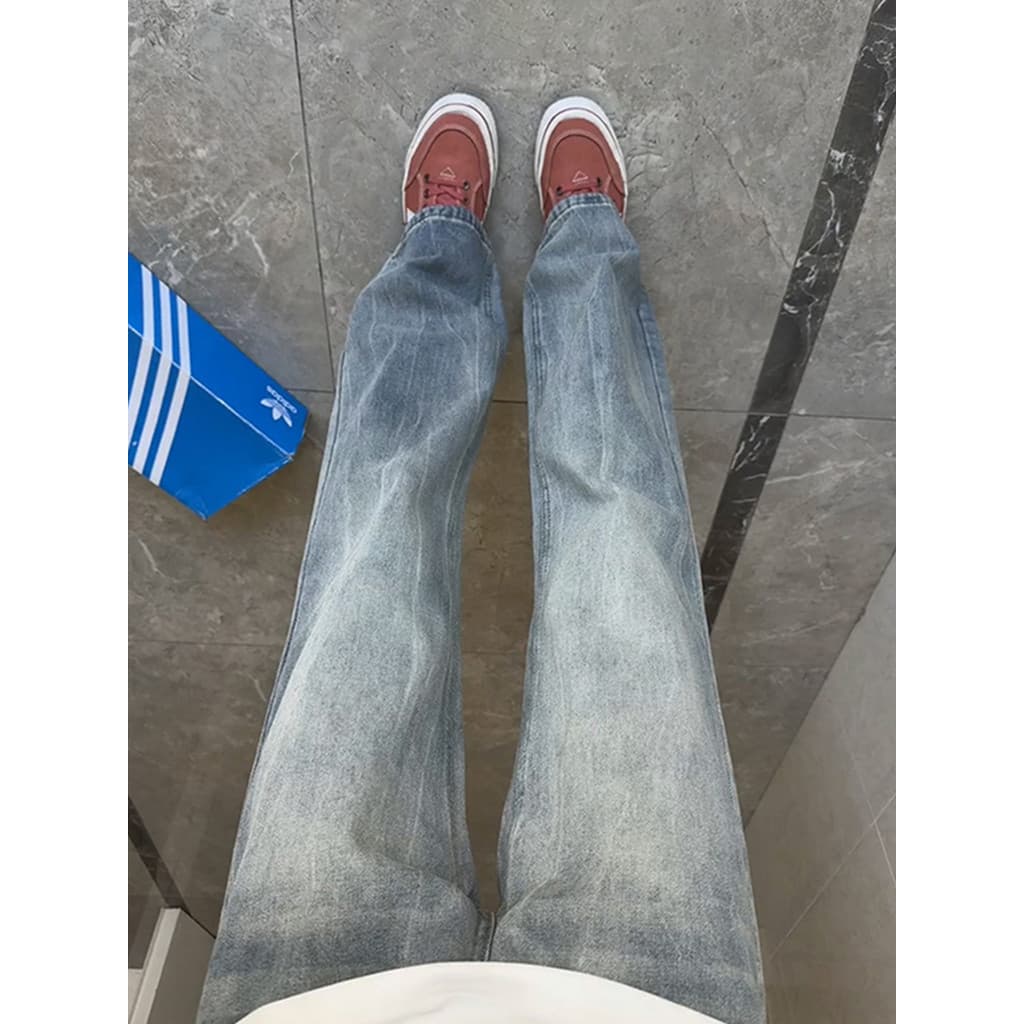 Relâmpago Slub padrão Jeans masculino outono primavera vibe calças americano High Street Retro macacão reto