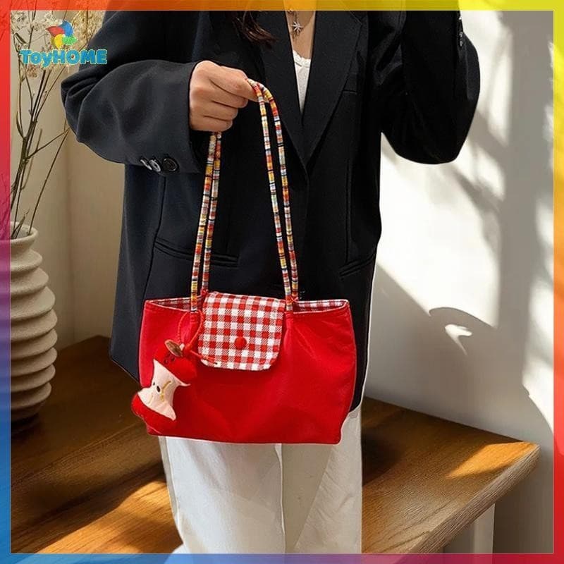 LAHB > Casual Nylon Xadrez Bolsa De Ombro Com Pingente Dopamina Grande Capacidade Womenmuter Tote Bag Moda Trendy Axila