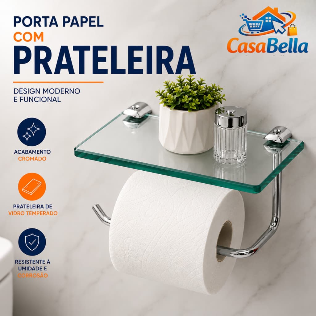 Papeleira Porta Papel Higiênico Com Prateleira Vidro