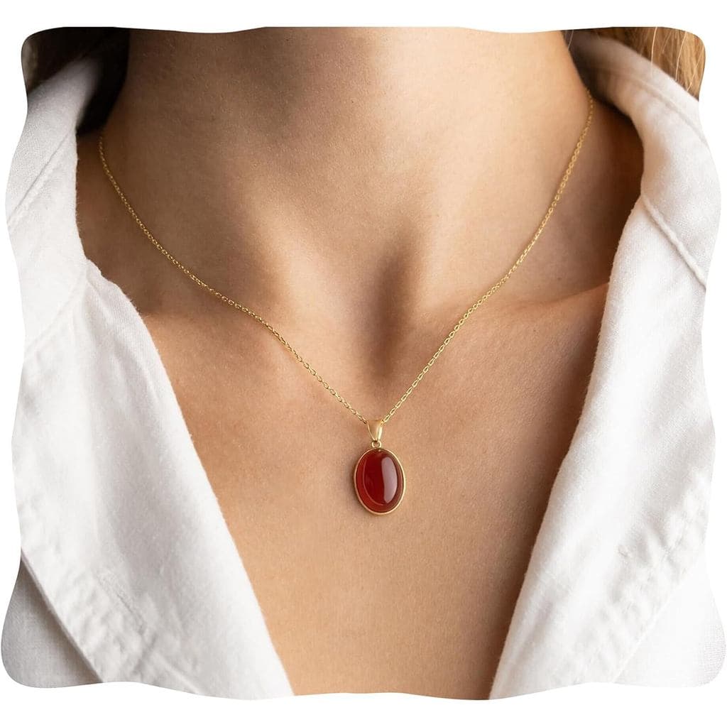 Colar de Cornalina, Colar com Pingente de Cristal de Cornalina Oval Genuíno com Corrente de Aço Inoxidável Banhada a Our