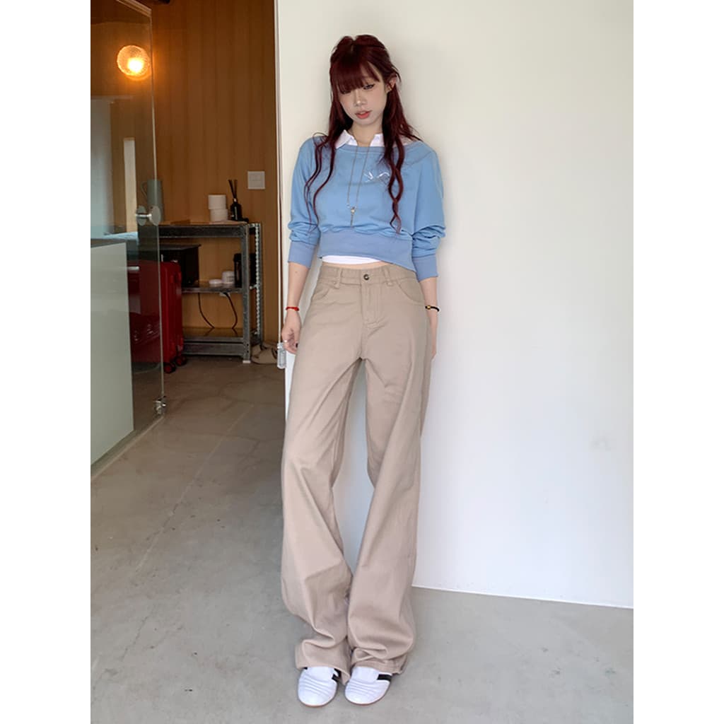 Vfvk cáqui calças de cigarro retas Jeans feminino 2026 novo estilo calças pequenas cintura alta mais magro olhar calças