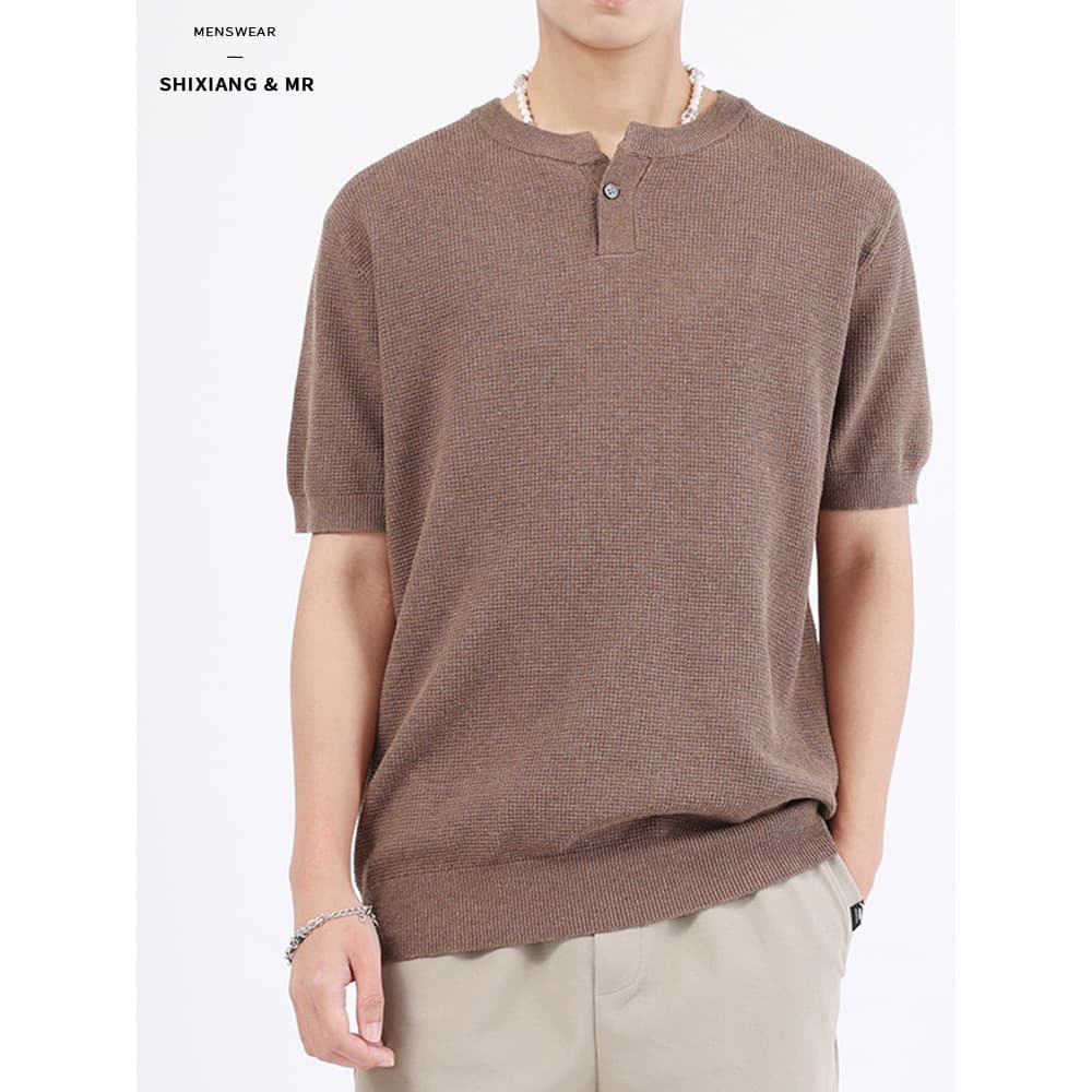 Estilo de dinheiro antigo Retro abacaxi padrão único botão Henry colarinho de malha de manga curta camiseta masculina ve