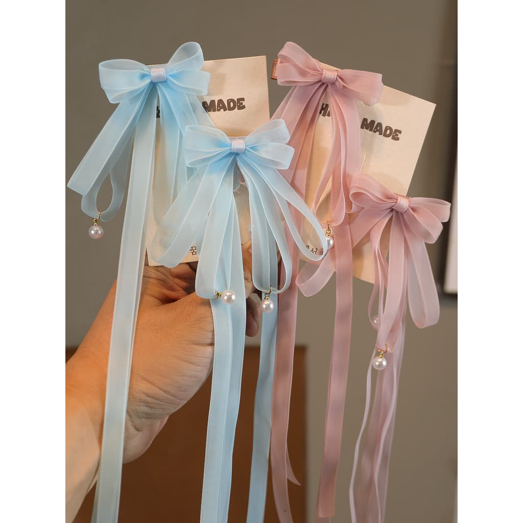 Crianças doce rosa arco Streamer grampo de cabelo menina fada pérola pingente par clipe lateral acessórios para o cabelo