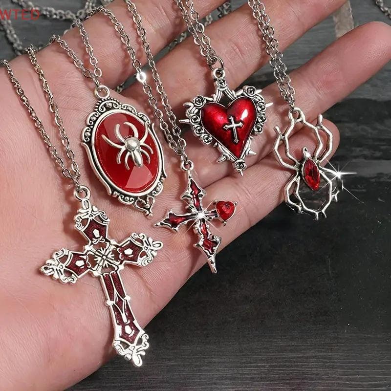 (WTED) 5 Peças Conjunto De Colar Gótico Para Mulheres Joias De Halloween Coração Morcego Aranha Cruz Pingente Suéter Cor