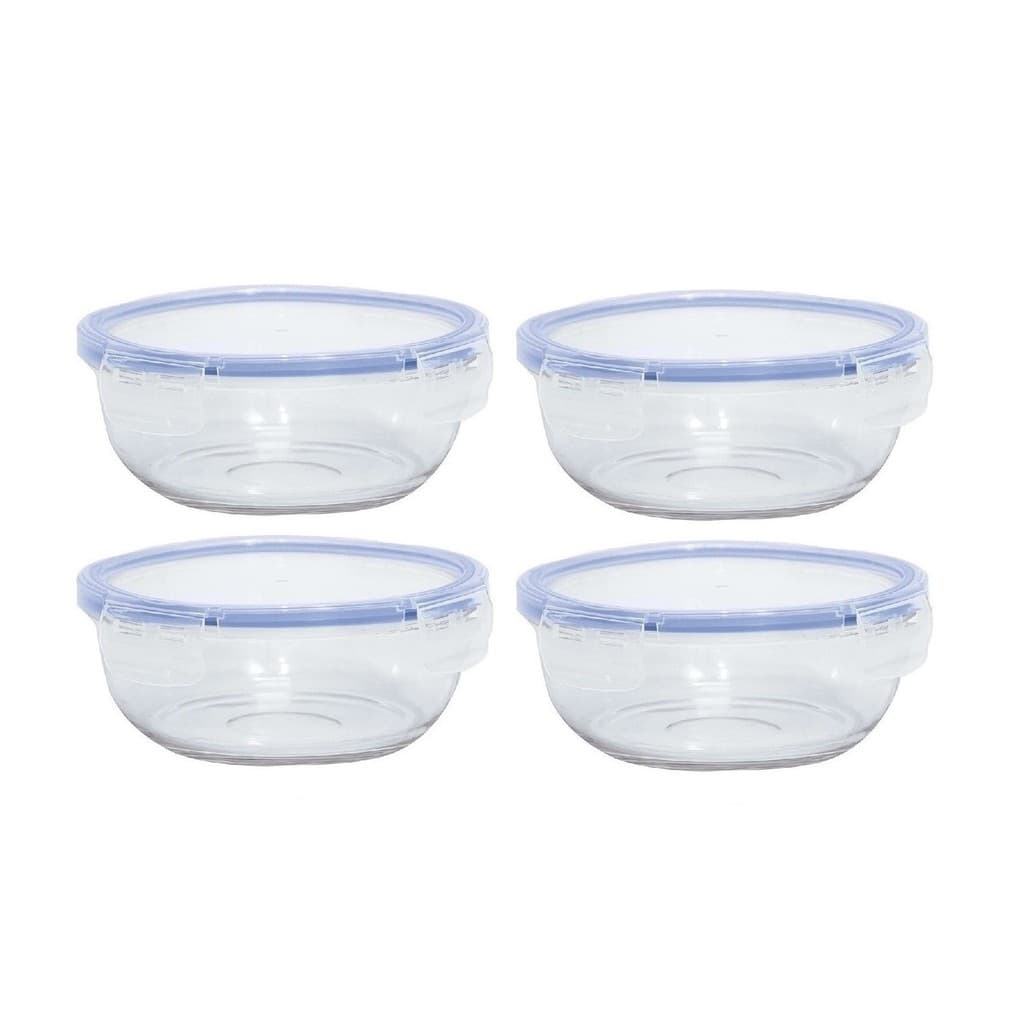 Kit 4 Pote Redondo Hermético 580ml Vidro Organização Cozinha 4 Travas Antivazamento Vedação Marmita Refratário Freezer