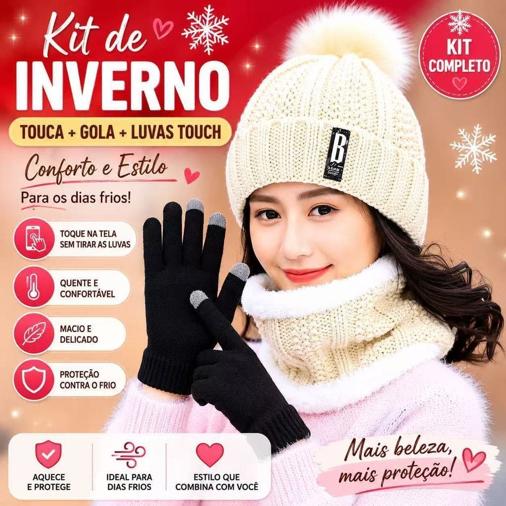 ❄️ Kit3 Completo de Inverno Feminino | Touca com Pompom + Gola Peluciada + Luvas Touch | Quente, Confortável e Estiloso