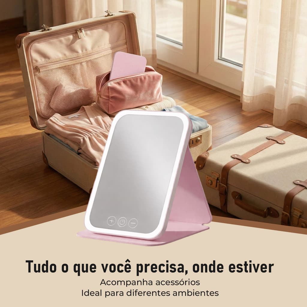 Espelho LED Portátil de Bolsa e Viagem – Ultra Fino Dobrável com Capa de Couro Anti-quebra Recarregável