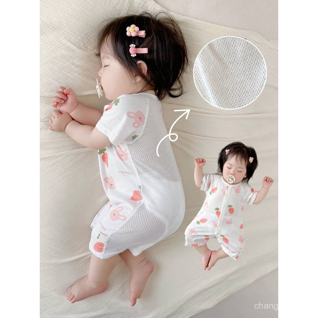 Novas roupas de verão para bebês, 100% algodão, Classe A, macacão de manga curta respirável em malha, macacão ultra-fino