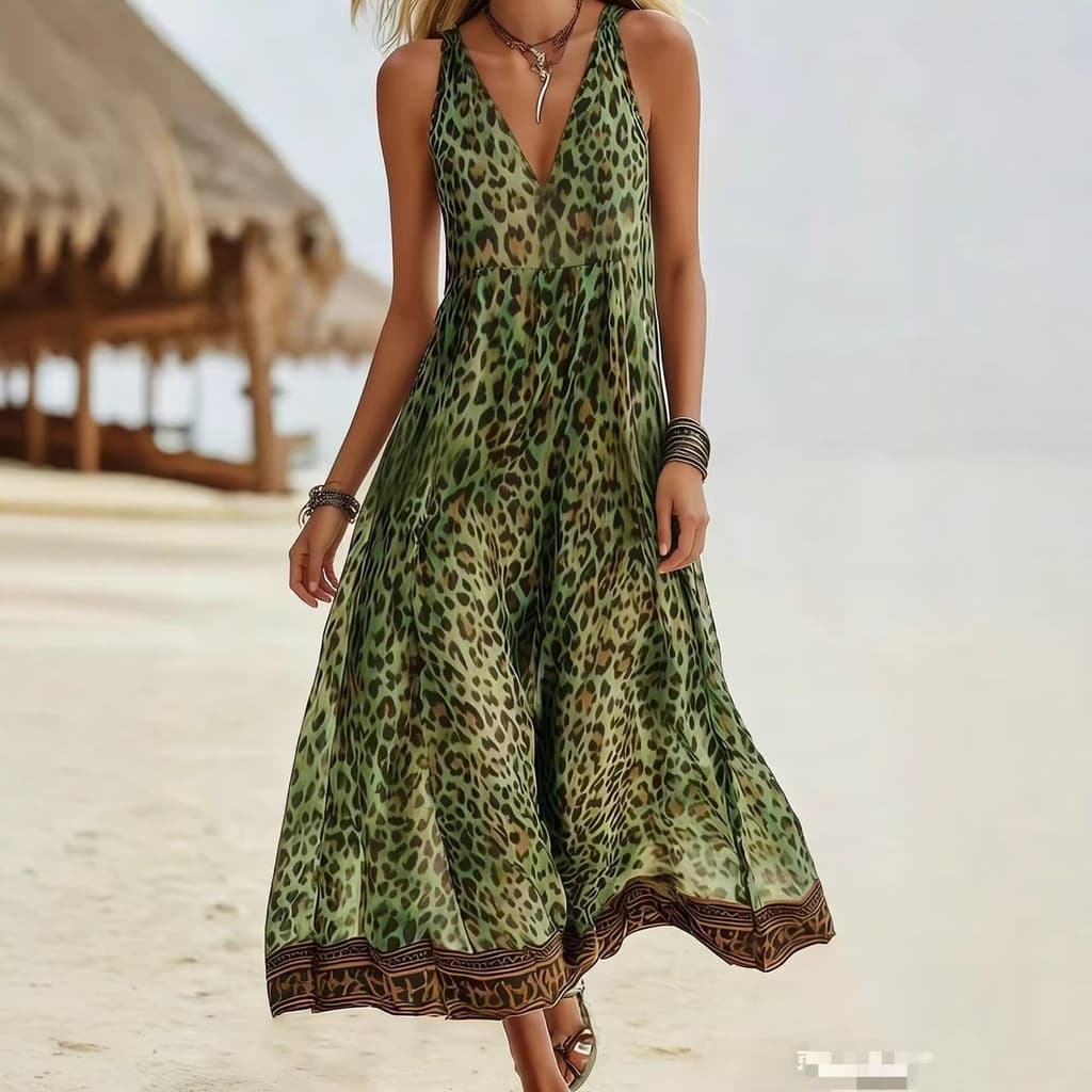 Verão leopardo impressão Casual sem mangas com decote em V vestido longo feminino