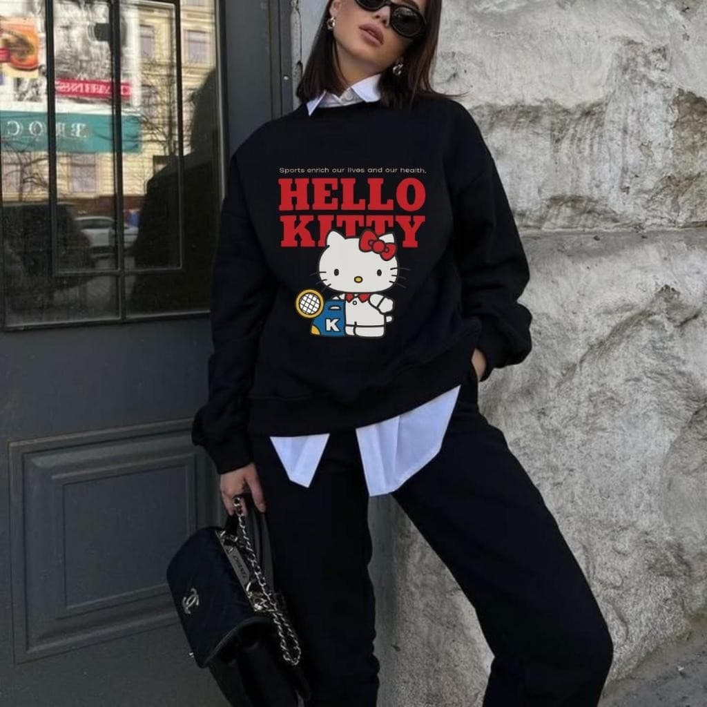 Moletom Gola Careca Algodão Feminino Gola Redonda Hello Kitty Tendência Moda Casaco Blogueira