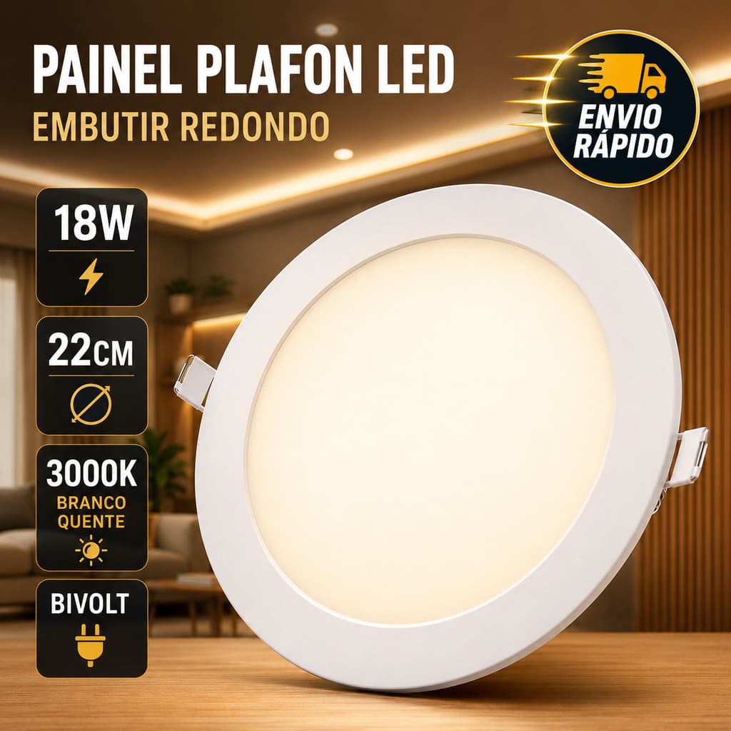 Painel Plafon Led Embutir 18W Redondo 22cm Branco Quente 3000k Luminária De Teto Gesso Sala Quarto