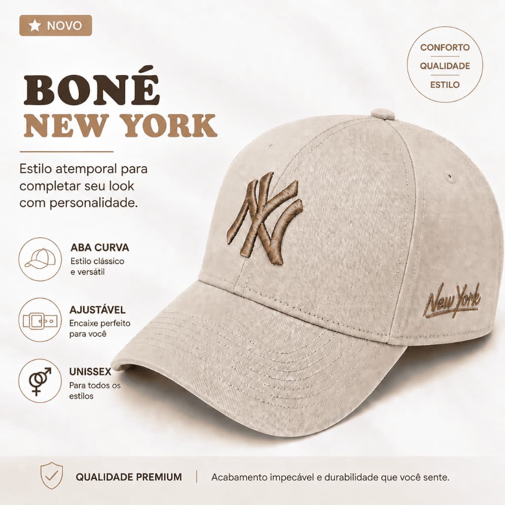Boné NY New York Bordado Em Alto Relevo Aba Curva Fitão Ajustável Masculino Feminino Casual