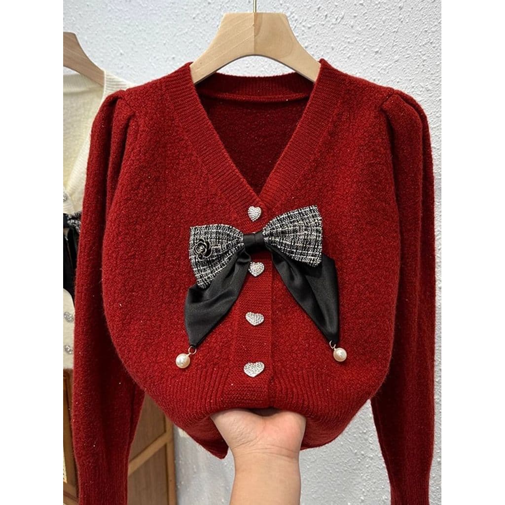 Cardigan de malha vermelho feminino outono inverno moda estilo ocidental mais magro olhar camisola jaqueta chique arco m