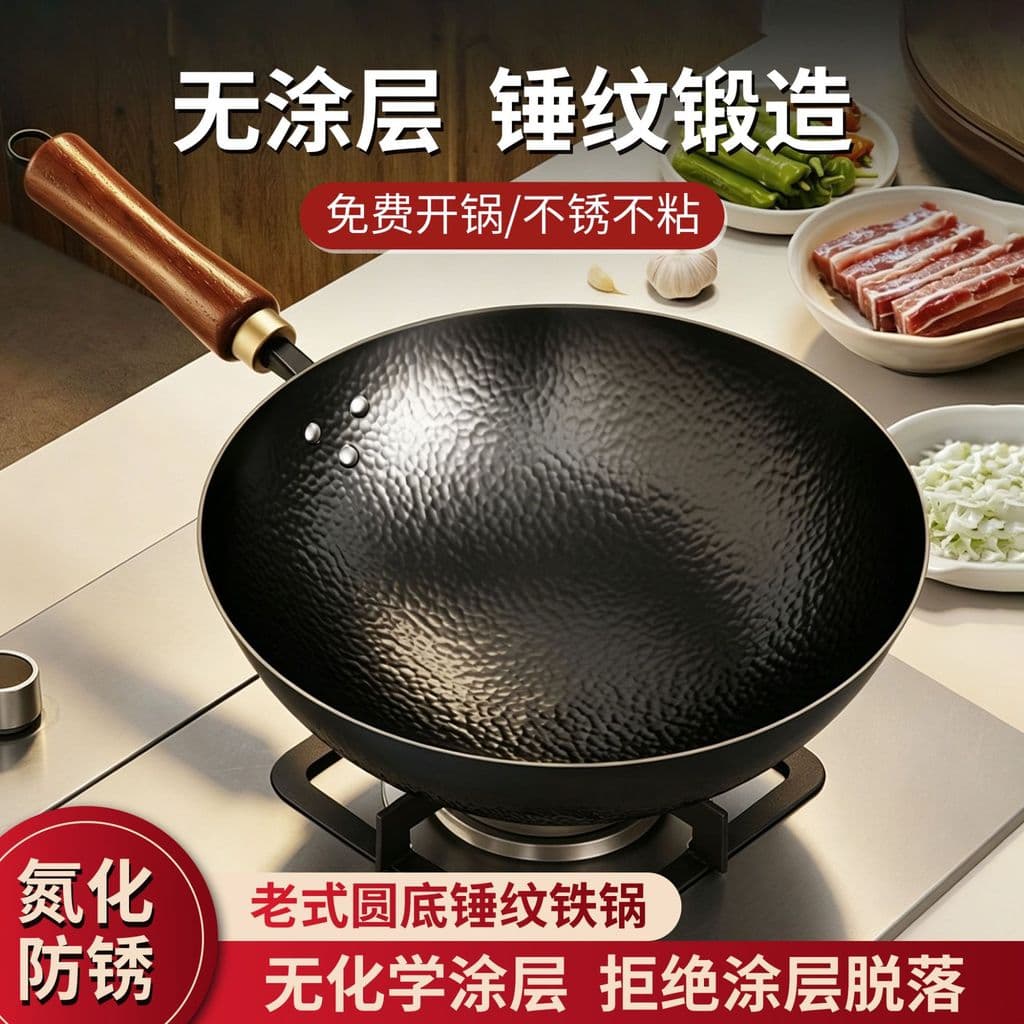 Panela de ferro à moda antiga wok doméstica antiaderente sem revestimento padrão de martelo fino fundo redondo wok fogão