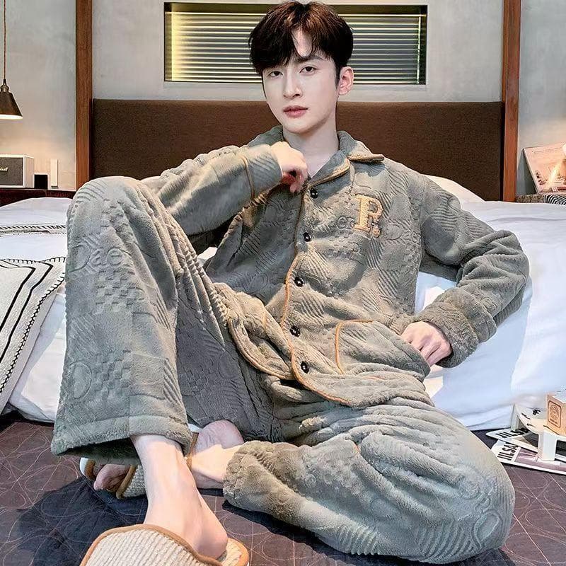 Pijamas masculinos outono inverno Coral velo mais velo Extra grosso tamanho grande quente inverno flanela pode usar fora