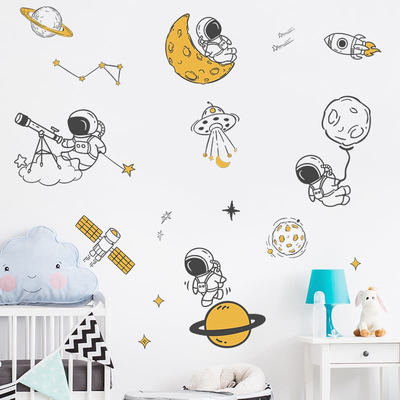 Adesivos de parede dos desenhos animados astronauta espaço lua planeta sala estar quarto fundo decoração da parede guard