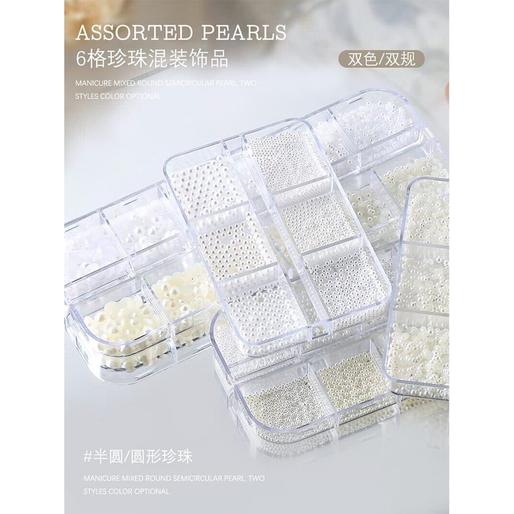 Acessórios de manicure destaque fundo plano misturado grande pequena pérola jóias redonda pérola manicure tridimensional