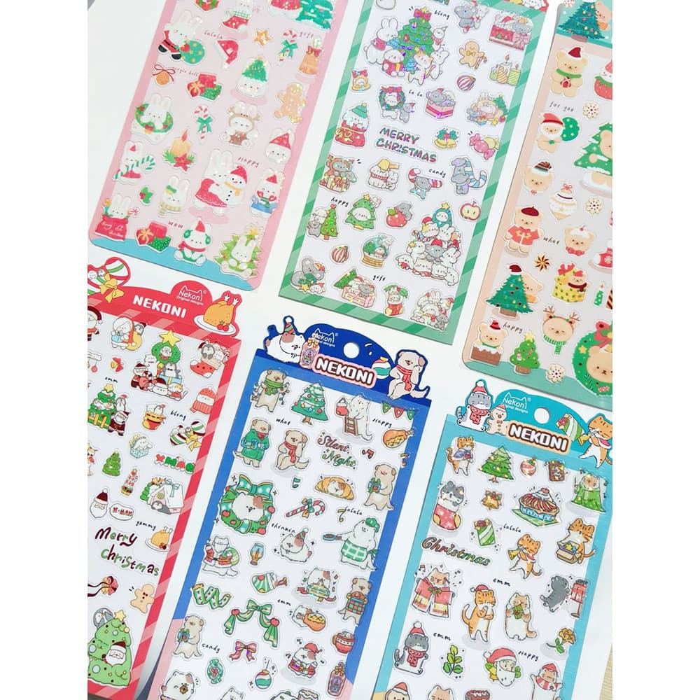 NEKONI adesivos de natal neve noite doces cana urso coelho gato bonito Animal à prova dwaterproof água PVC manual adesiv