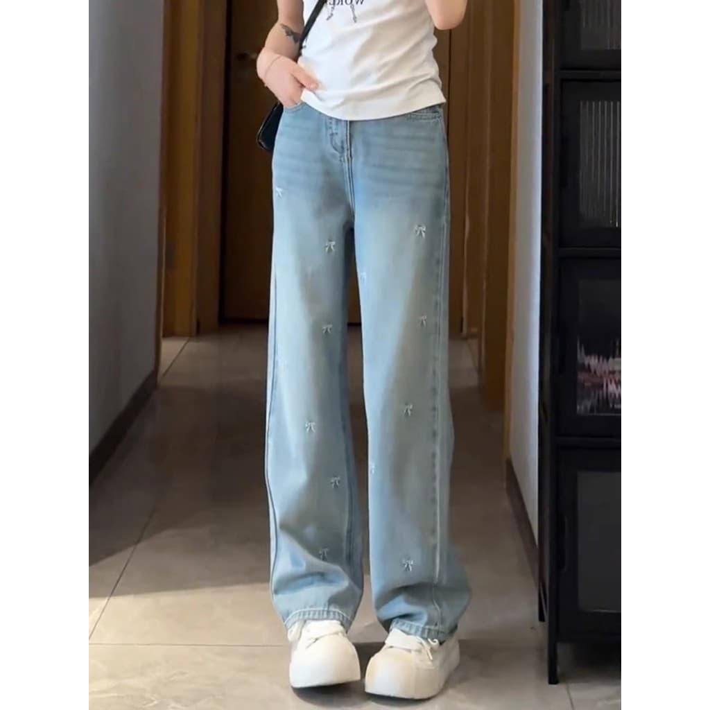Azul claro bordado Jeans feminino verão novo estilo tamanho grande gordura mm forma pêra cintura alta solta calças de ch