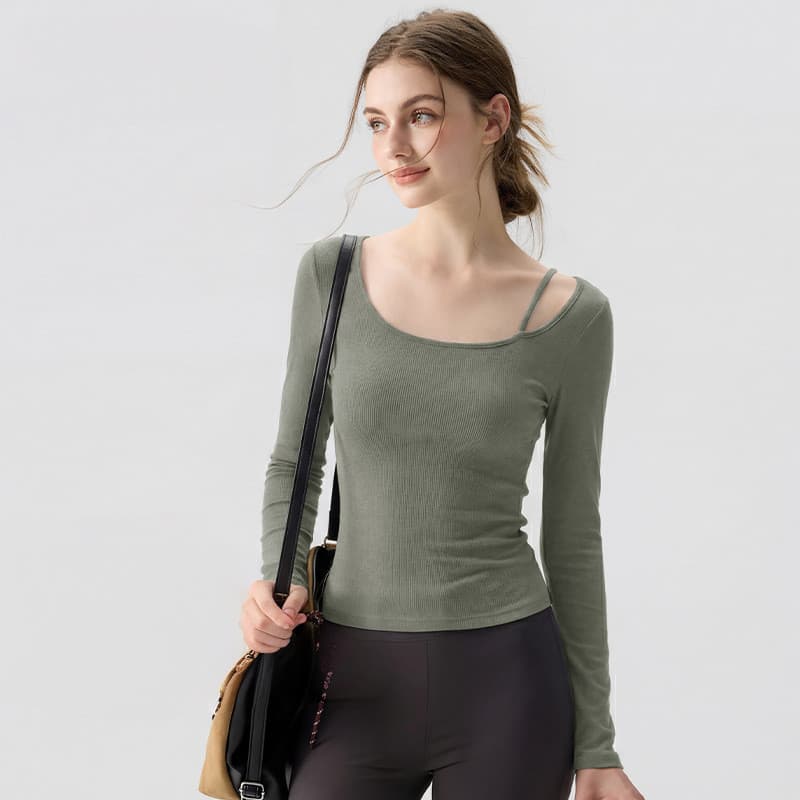 Com almofada de peito fixa roupas de Yoga ajuste fino absorvente de suor Fitness de manga comprida equipamento de um omb