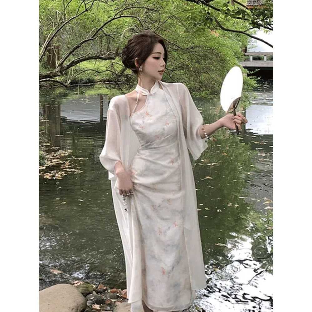 Chiffon seda gelo com estilingue saia protetor solar Cardigan topo feminino verão novo estilo chinês fino ar condicionad