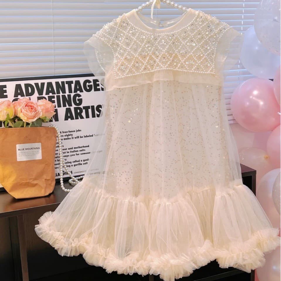 Vestido Primavera verão roupas infantis estilo coreano gaze pérola colarinho vestido de princesa elegante vestido de gaz