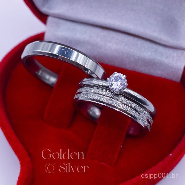 Par de Aliança de Namoro Casamento Brilhante Prata Diamantada Canal e Chanfrada 4mm + Anel Solitário