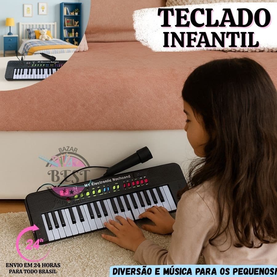 Teclado Educativo Piano Musical Infantil Eletrônico 37 Teclas Com Microfone
