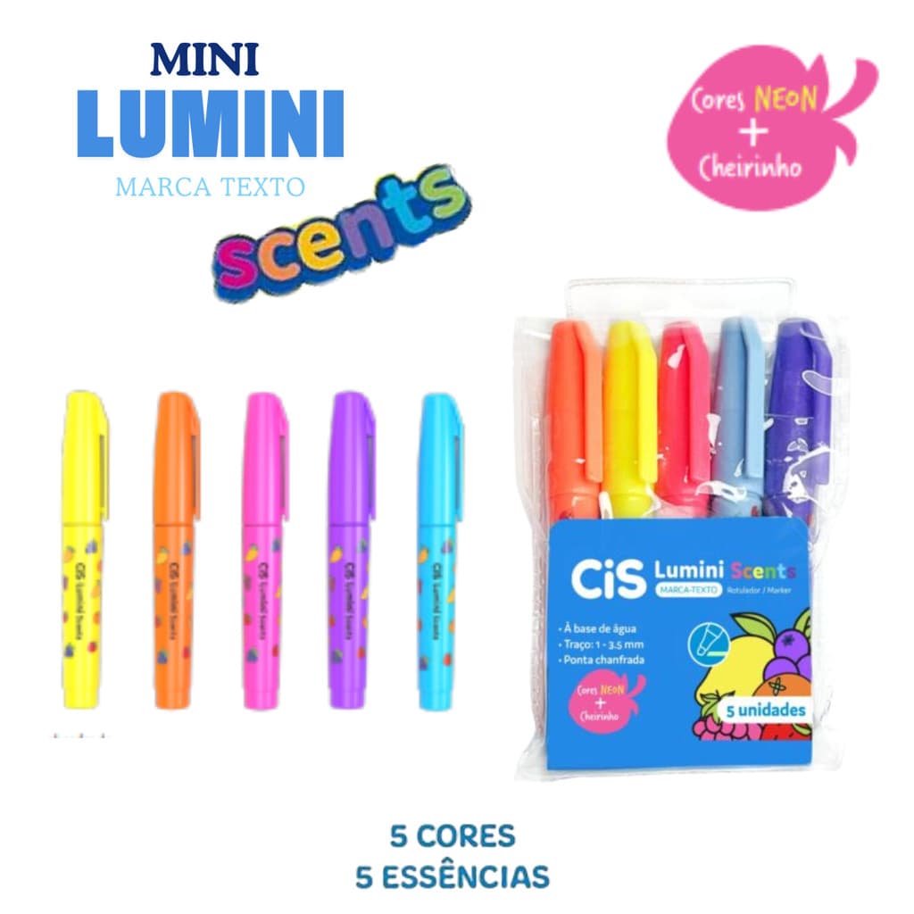 Marca Texto Mini Lumini Scents Neon - Perfumado Estojo com 5 Unidades