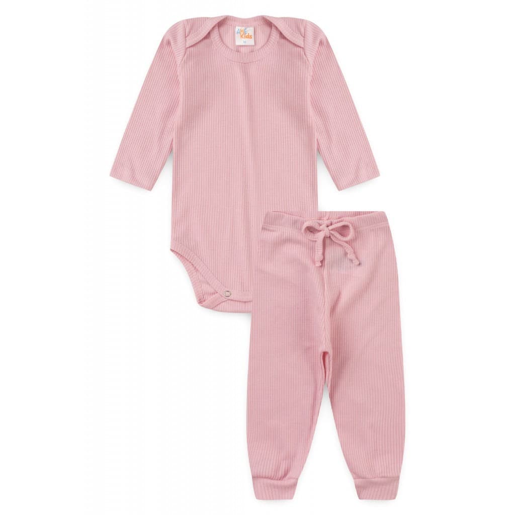 Conjunto Infantil Outono/Inverno Body Manga Longa e Calça Rosa Bebê