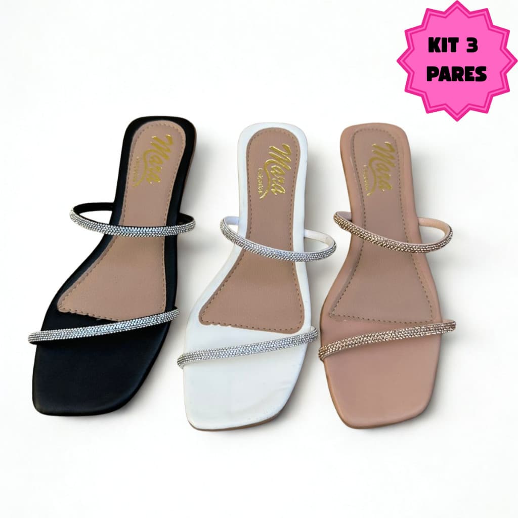 kit de 3 pares Rasteirinha feminina sandalia rasteira barato tiras com brilho  Fashion