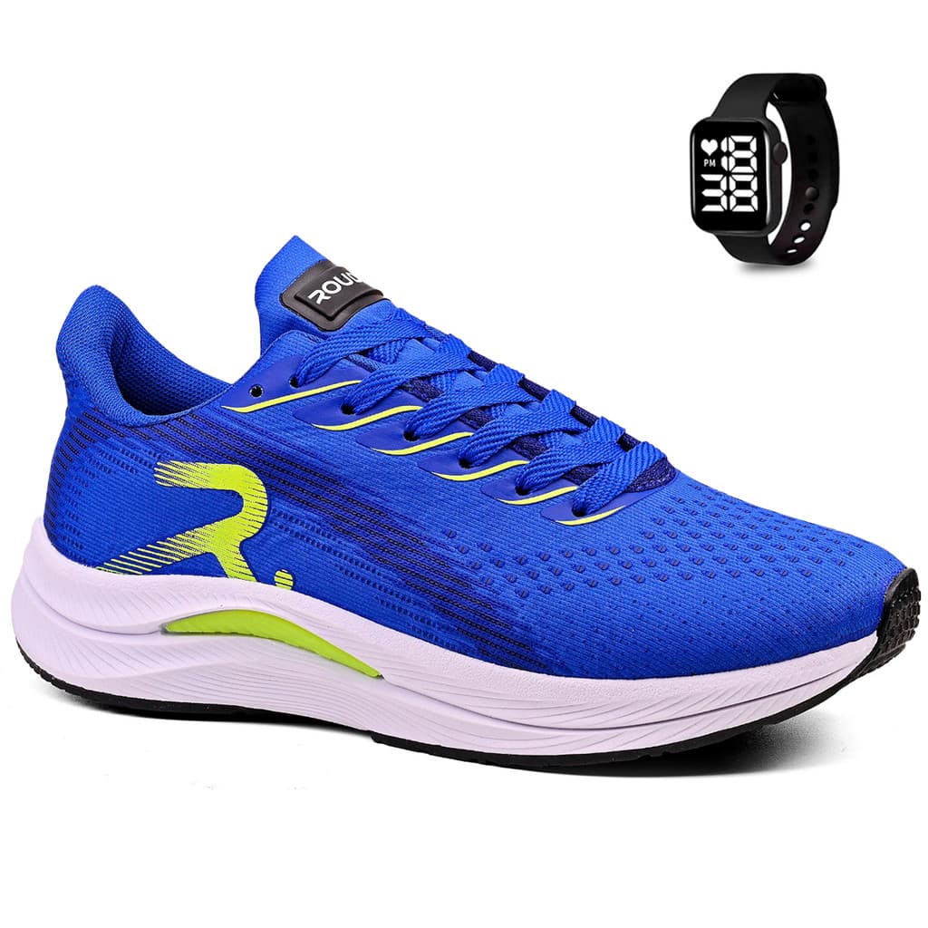 Kit Tênis Masculino Azul Royal Esportivo Academia Corrida + Relógio Digital
