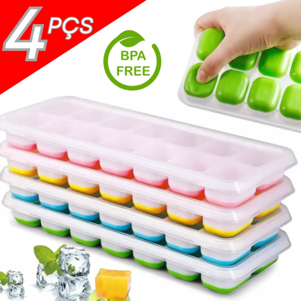 Kit 4 Formas de Gelo Silicone Com Tampa Rígida Flexível Fundo Retangular 14 Cubos Multiuso Lavável