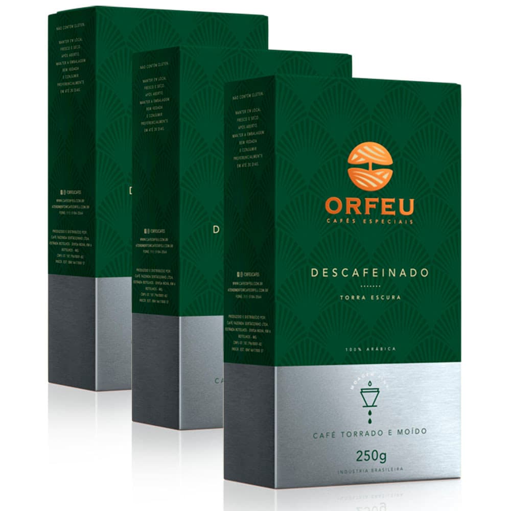 Café Moído Premium Orfeu Descafeinado Kit 3 Pacotes de 250g