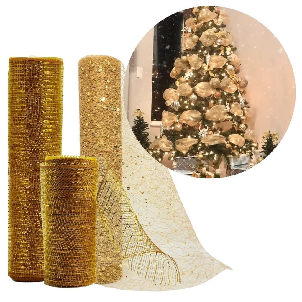 Fita Larga Decorativa Natal Tela Malha Tule Dourado Premium 25cm x 5 metros Enfeite Árvore 3 Opções