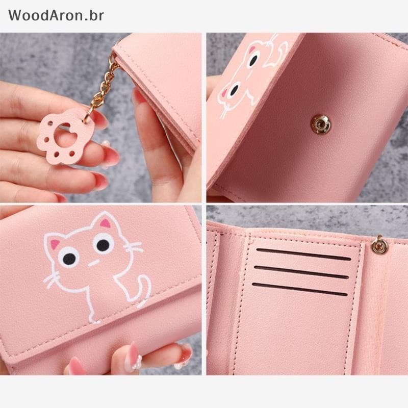 WoodAron Carteira Feminina Fofa De Gato Curta De Couro Porta-Cartões br