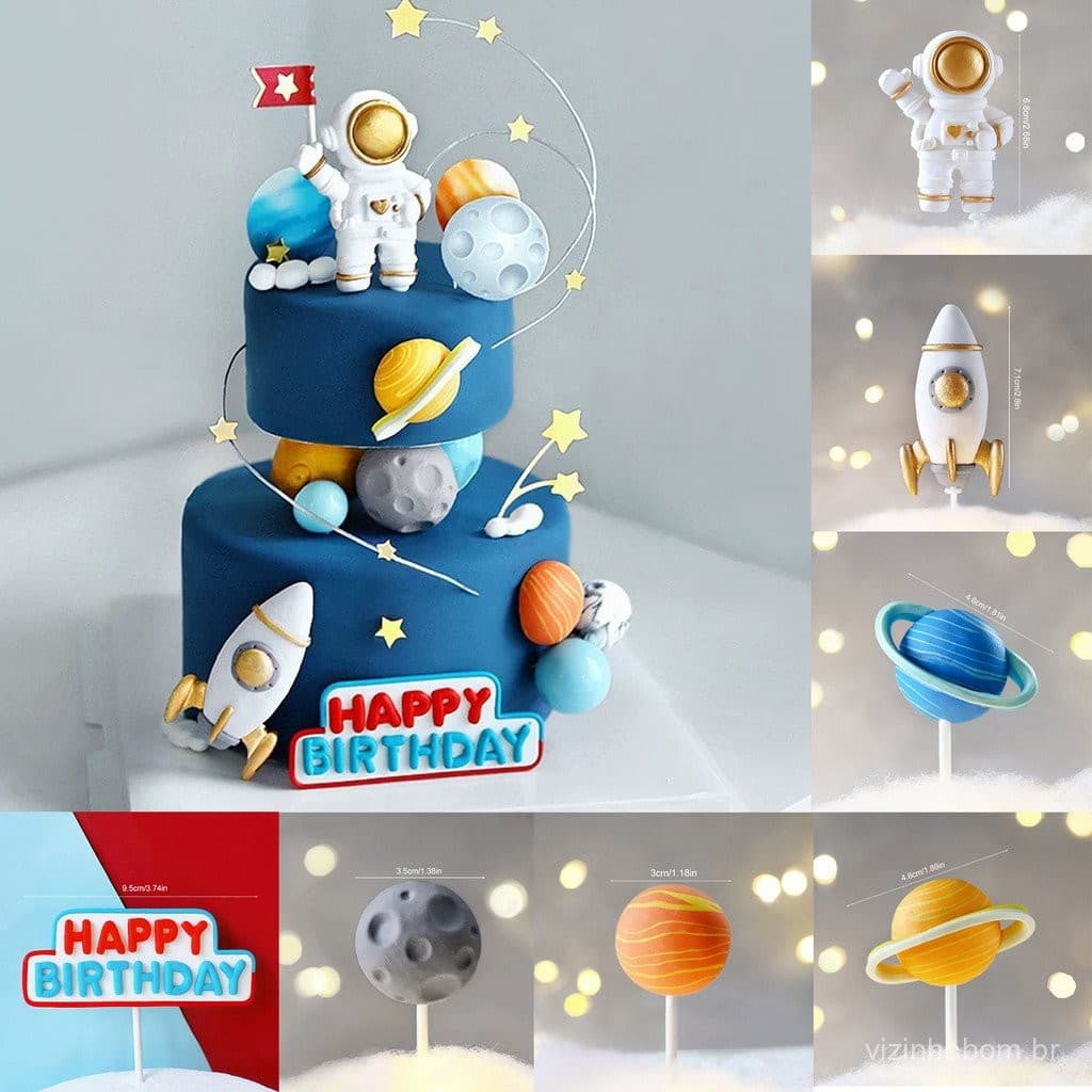 Decoração de Bolo Assado Astronauta Planeta Espaço Foguete Saturno Inserção Colorida de Aniversário