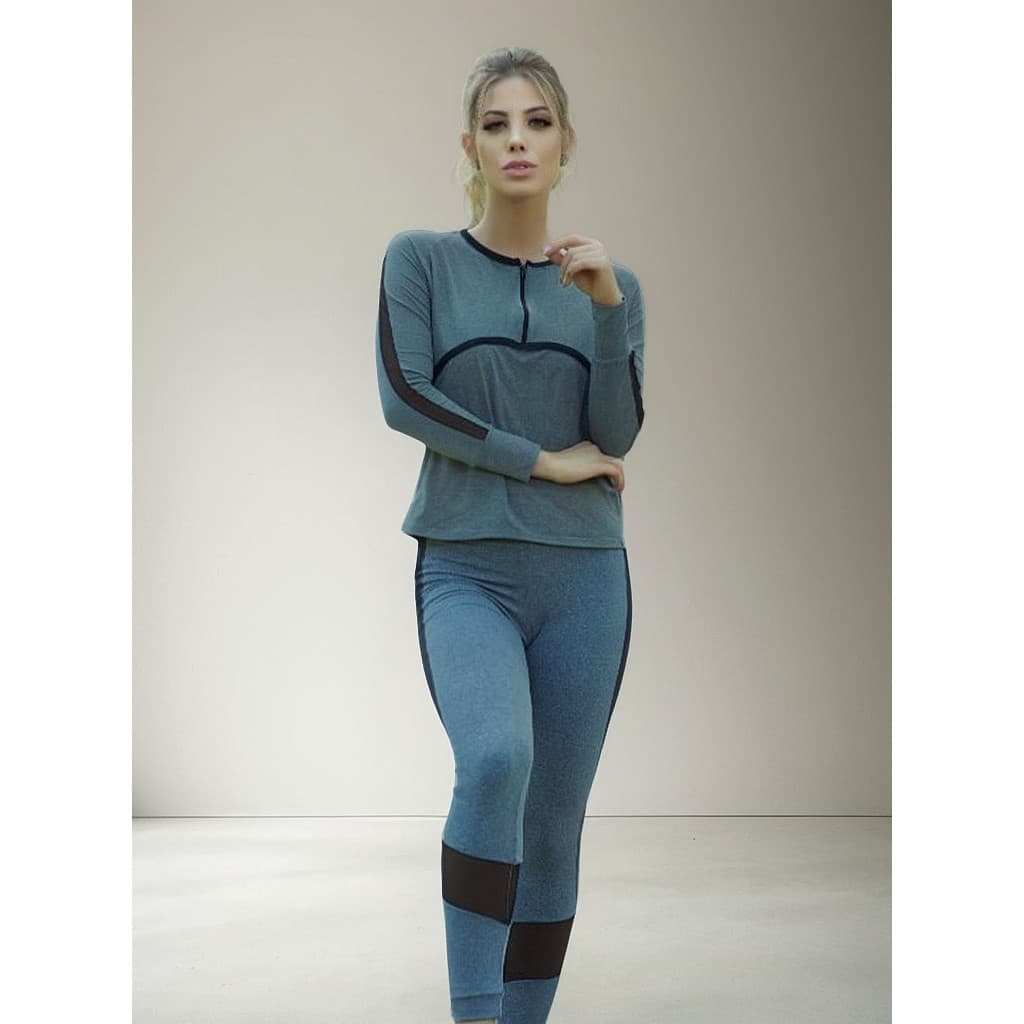 Conjunto Feminino Fitness Com Zíper E Bolso - Cinza / Preto