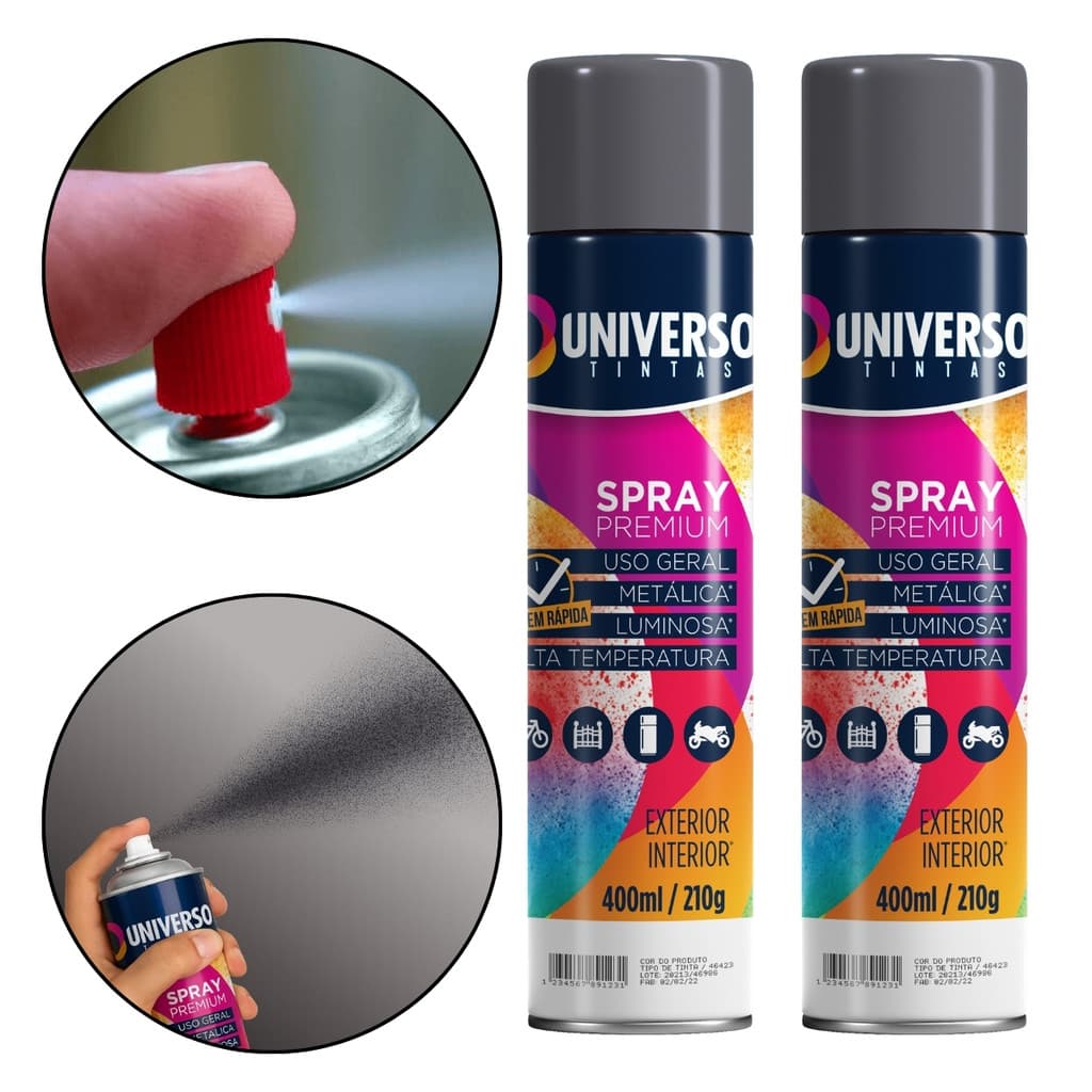 Kit 2 Tintas Spray 400ml Cinza Grafite Uso Geral Universo Tinta para Pintura Aço Ferro Couro Gesso Cerâmica