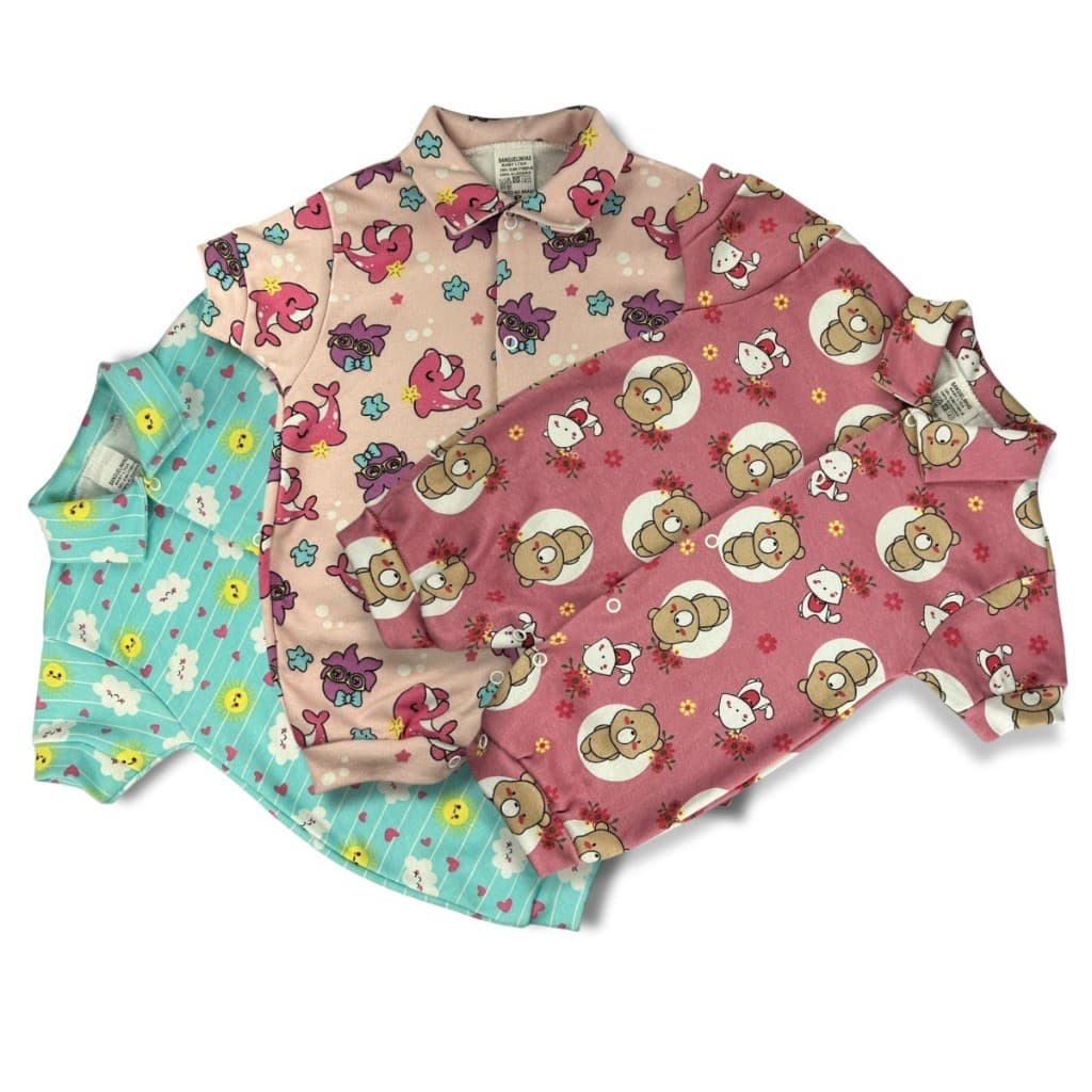 Kit 3 Macacao de Bebê Curto 100%Algodão Suedine Estampado Verão Moda Infantil