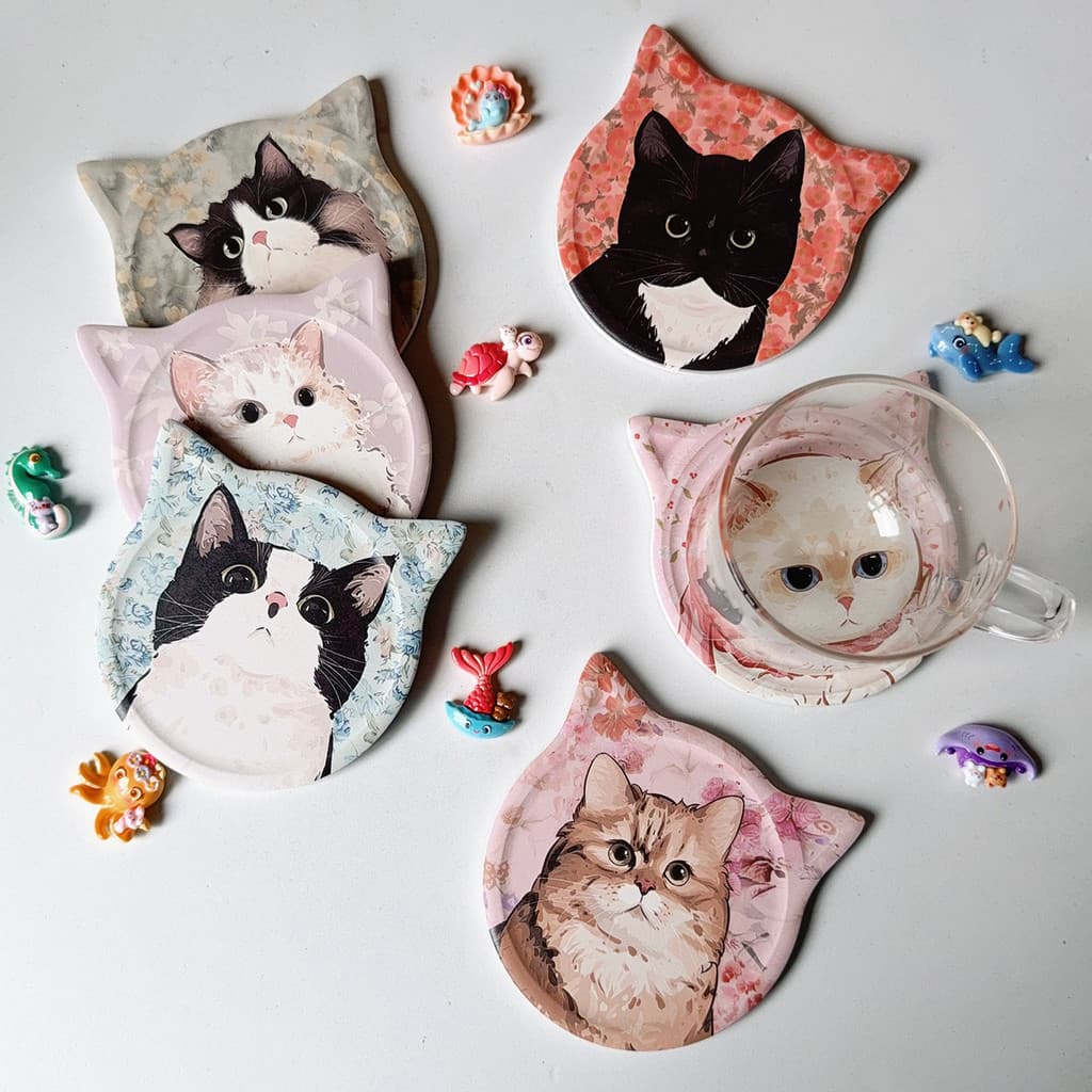 Porta-copos com padrão de gato de alto valor, bonito, Desktop, Anti-escaldante, cerâmica, absorvente de água, suporte de
